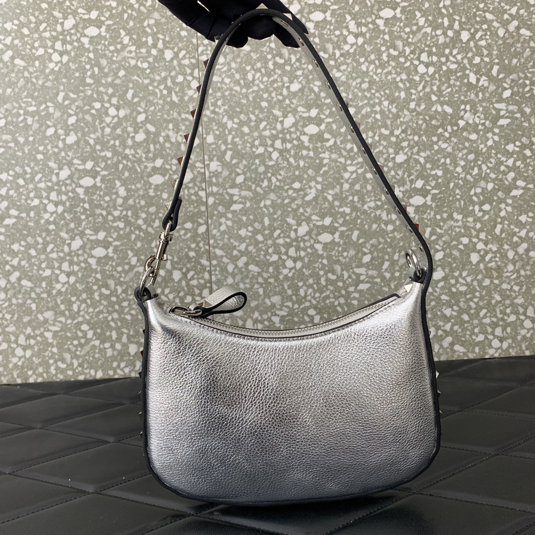 Valentino Garavani Rockstud Mini Hobo Bag in Silver Grainy Calfskin